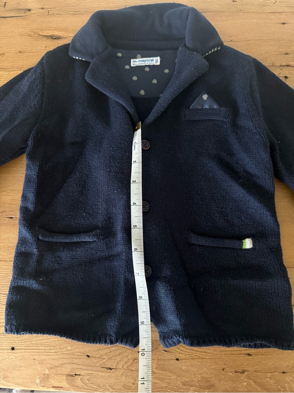 Mayoral Navy Knit Cardigan Blazer with White Elbow Patches and Green Trim - Picture 10 of 12